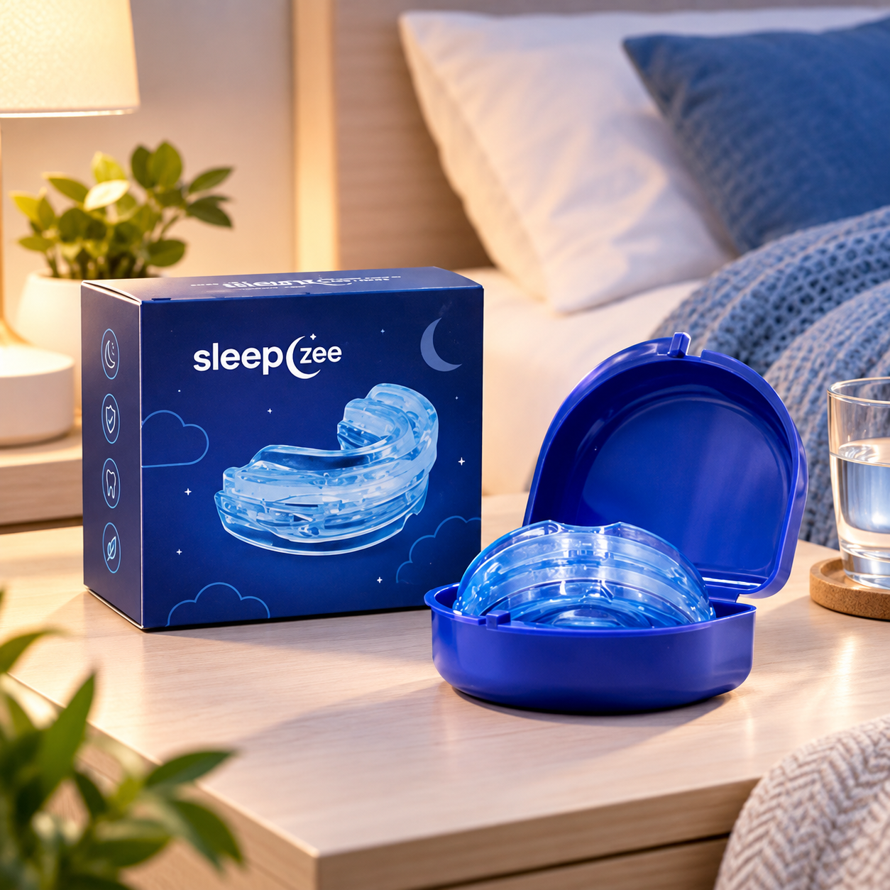 SleepZee mouthpiece and blue storage case on a bedside table