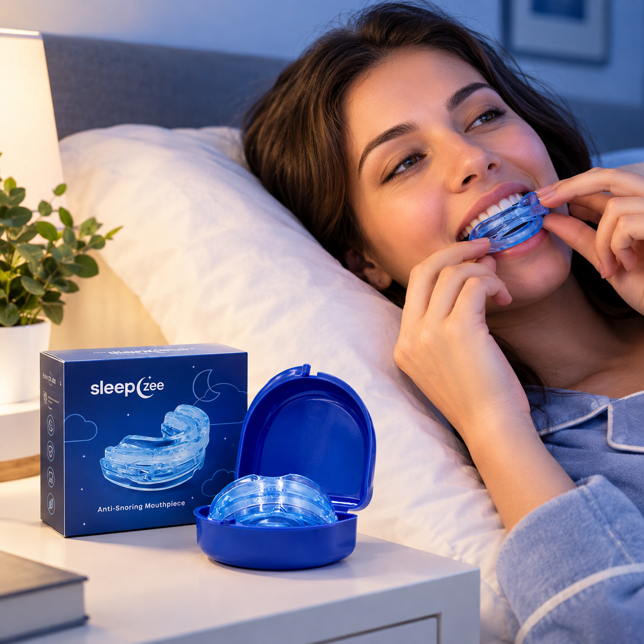 A woman positioning the SleepZee mouthpiece before bedtime