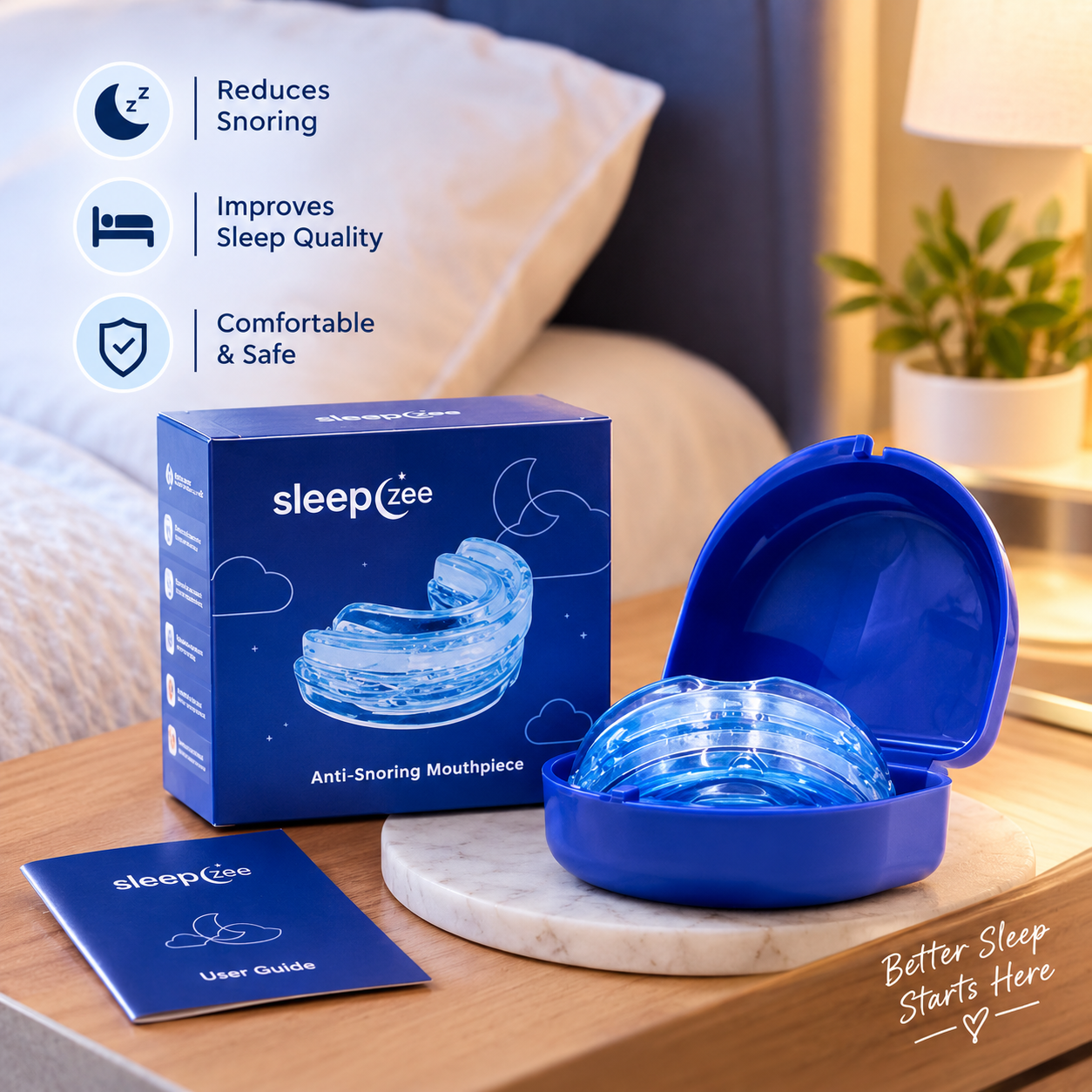 SleepZee mouthpiece, storage case and user guide with supplied benefit labels